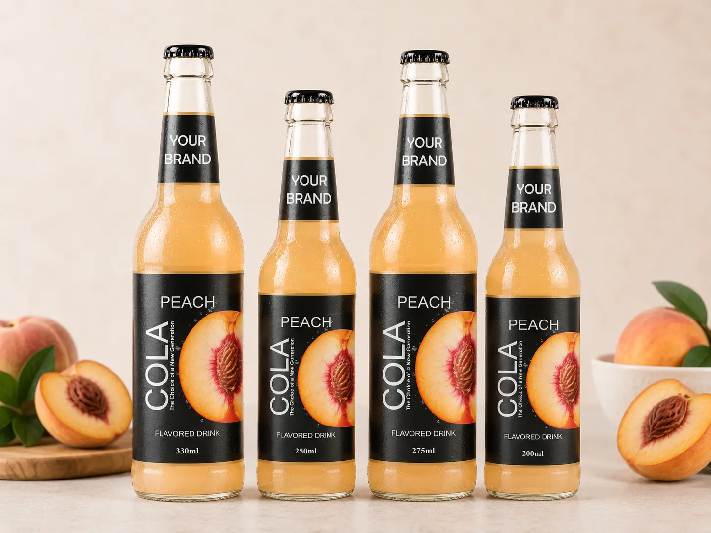 COLA DRINK Peach flavour in 330ml, 250ml, 275ml, and 200ml glass bottles.
